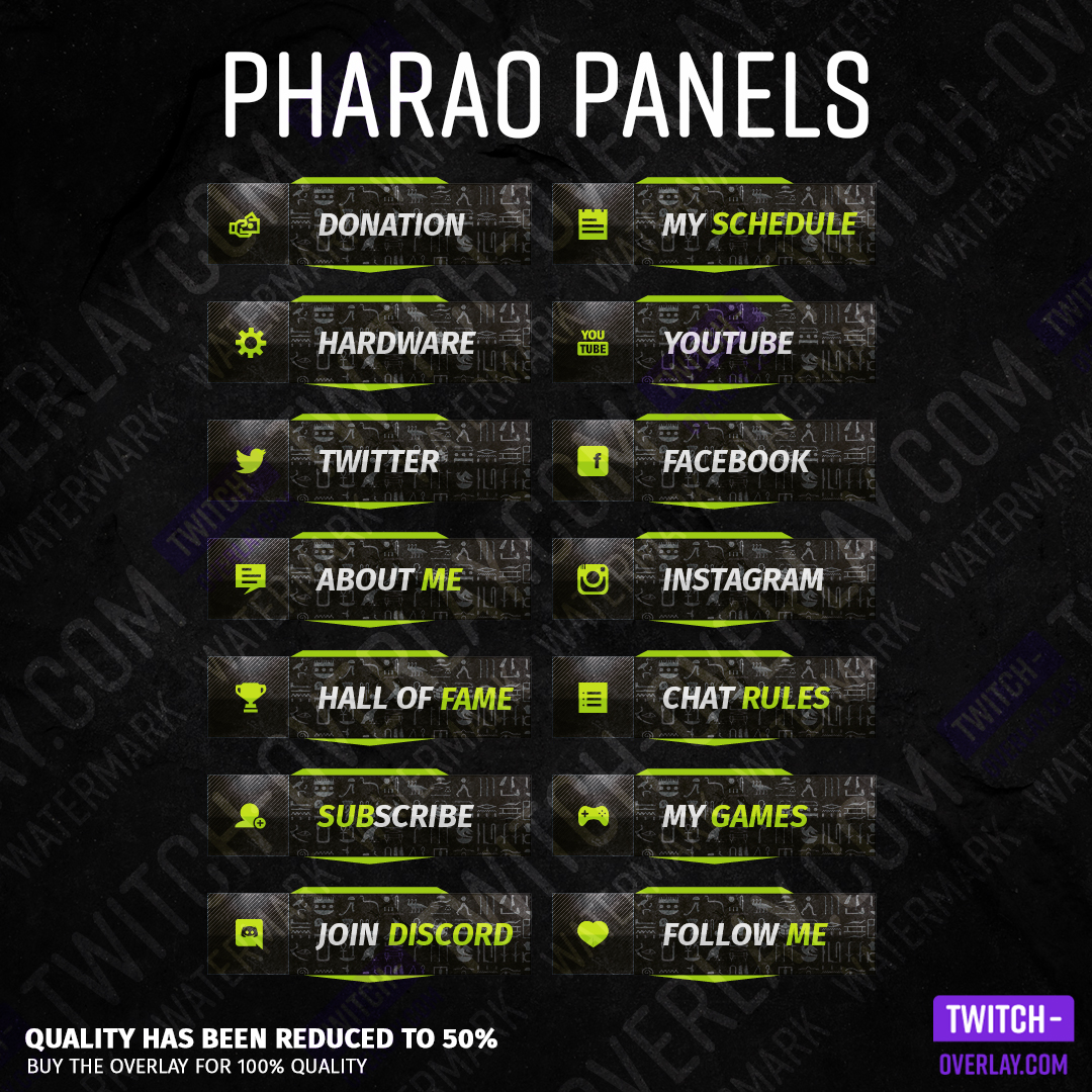 Pharaoh streaming panels for Twitch preview image with all panels in the color lime