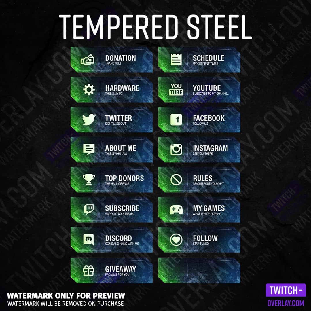 Twitch panels Tempered Steel for Twitch stream sin the color green