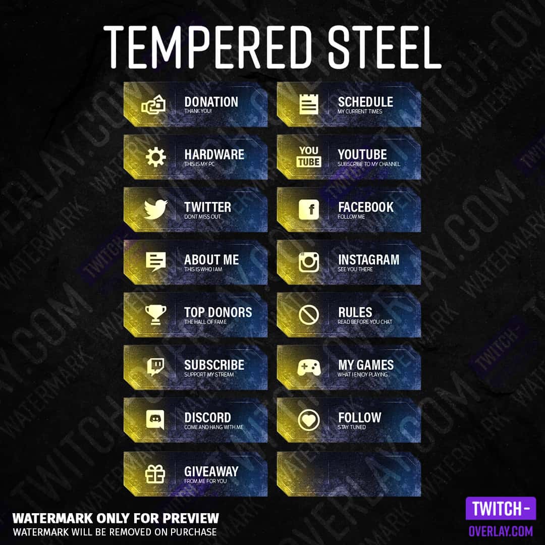 Twitch panels "Tempered Steel" für Twitch Streams in der Farbe Gelb