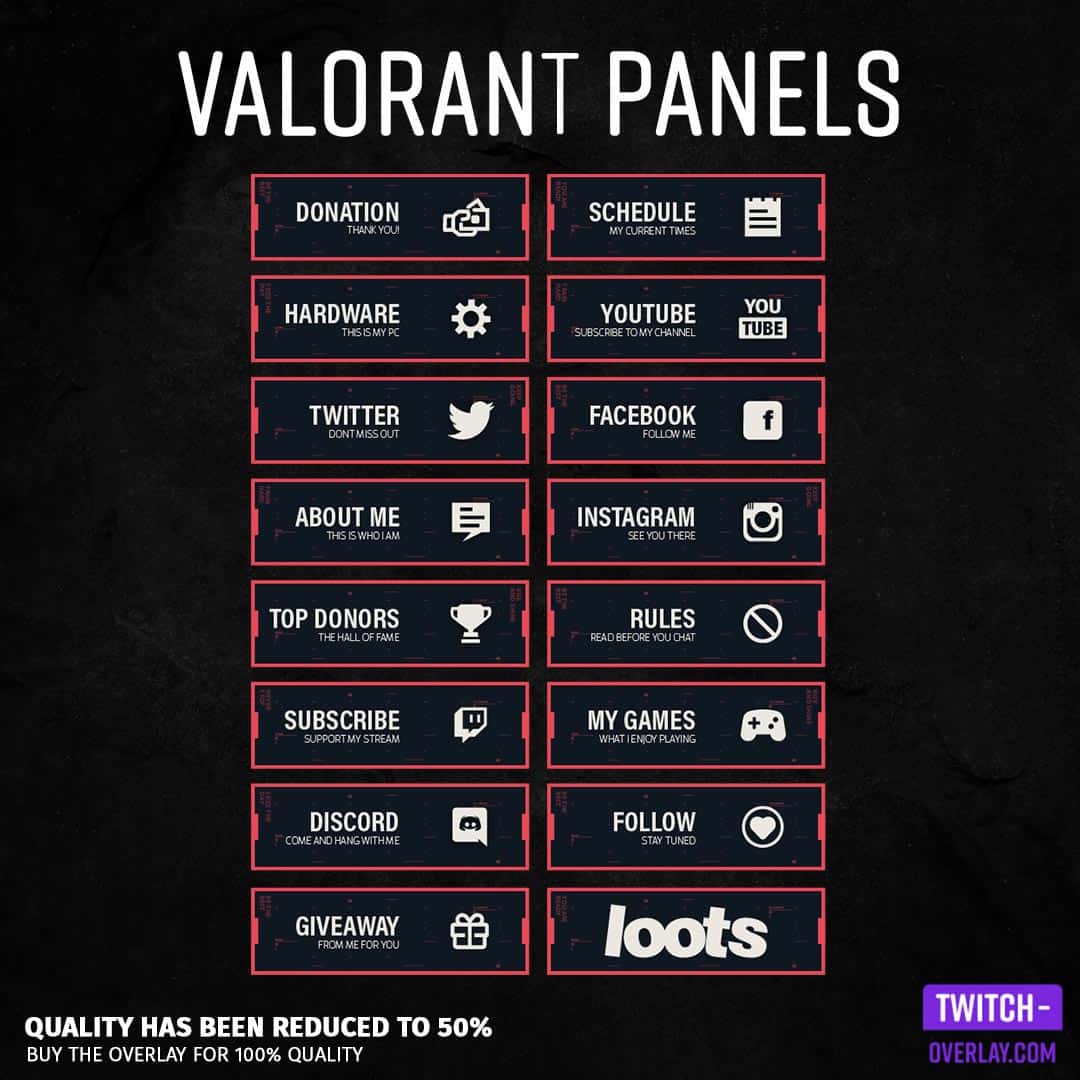 Valorant Twitch Panels for Twitch preview image with all panels in the color red