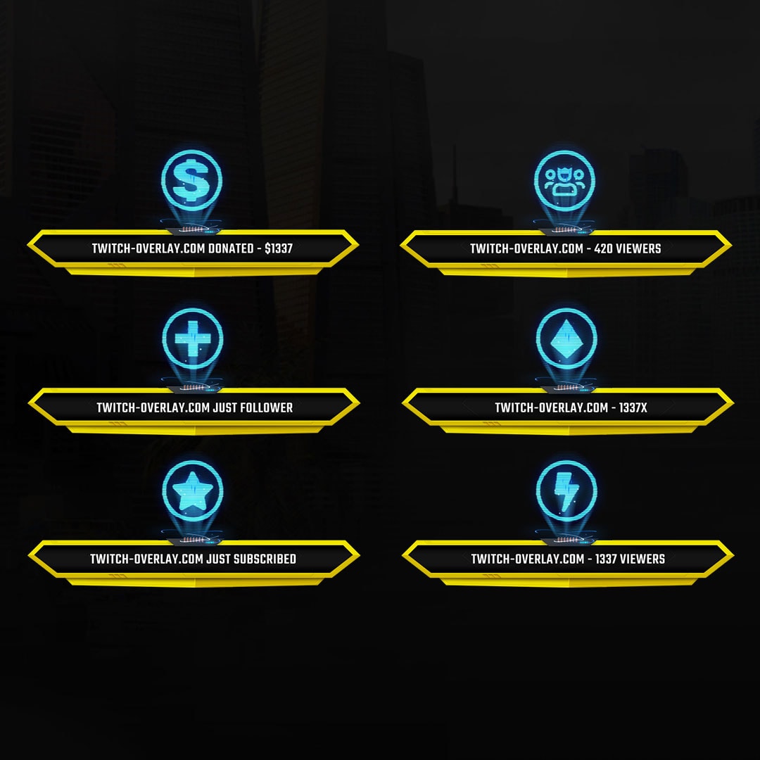 Animated Twitch Alerts for the Cyberpunk 2077 Stream Bundle for Twitch, YouTube and Facebook
