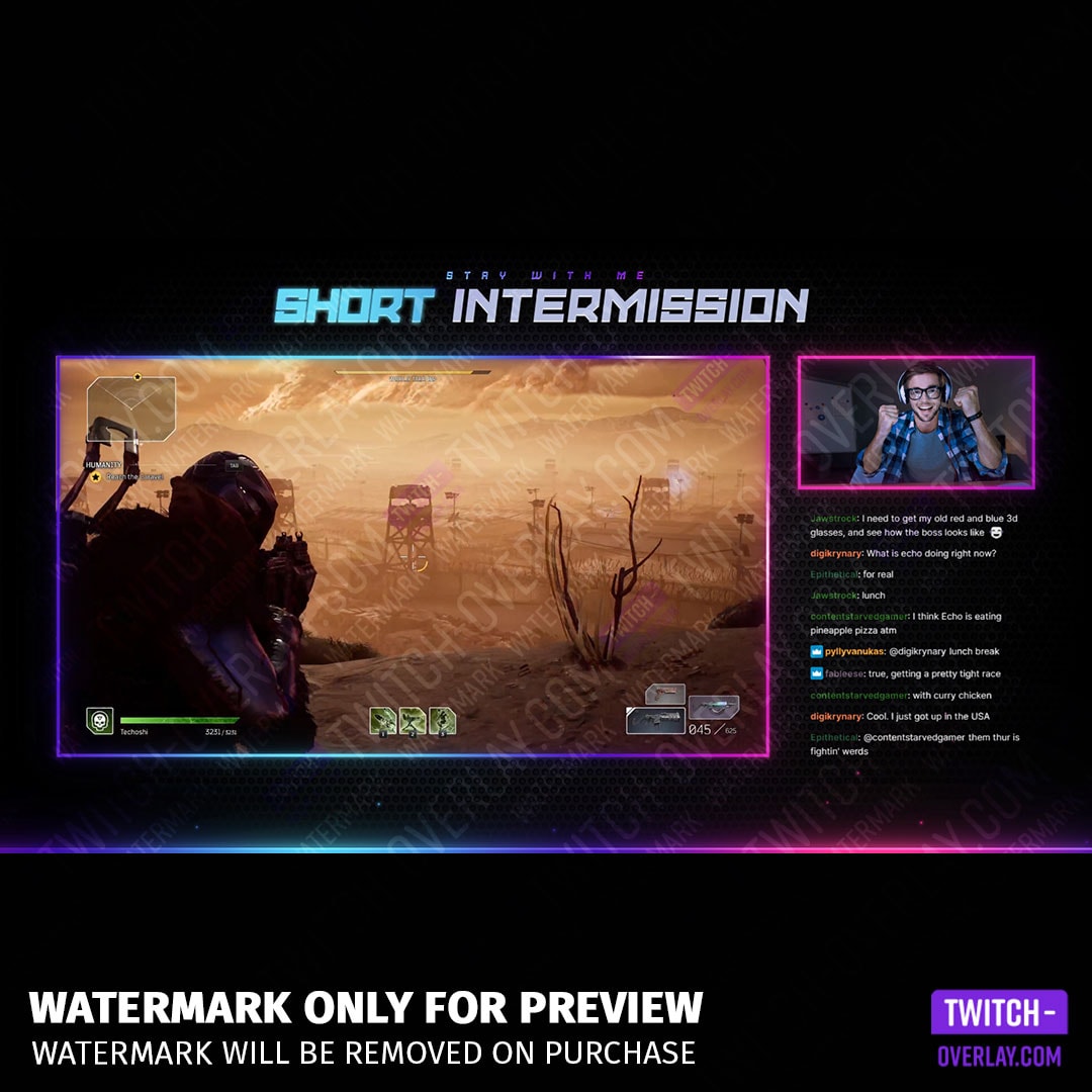 Intermission screen animated for the Defiance overlay package for Twitch, YouTube and Facebook