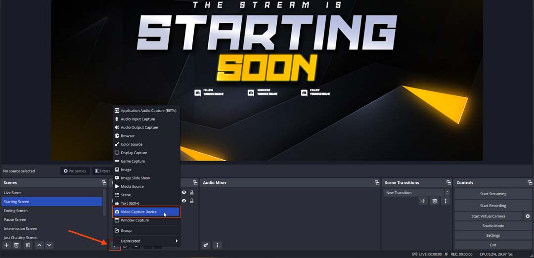 An illustration of the OBS Studio sources menu, showing the steps for adding your microphone and webcam as sources, allowing you to integrate your audio and video into your live streams