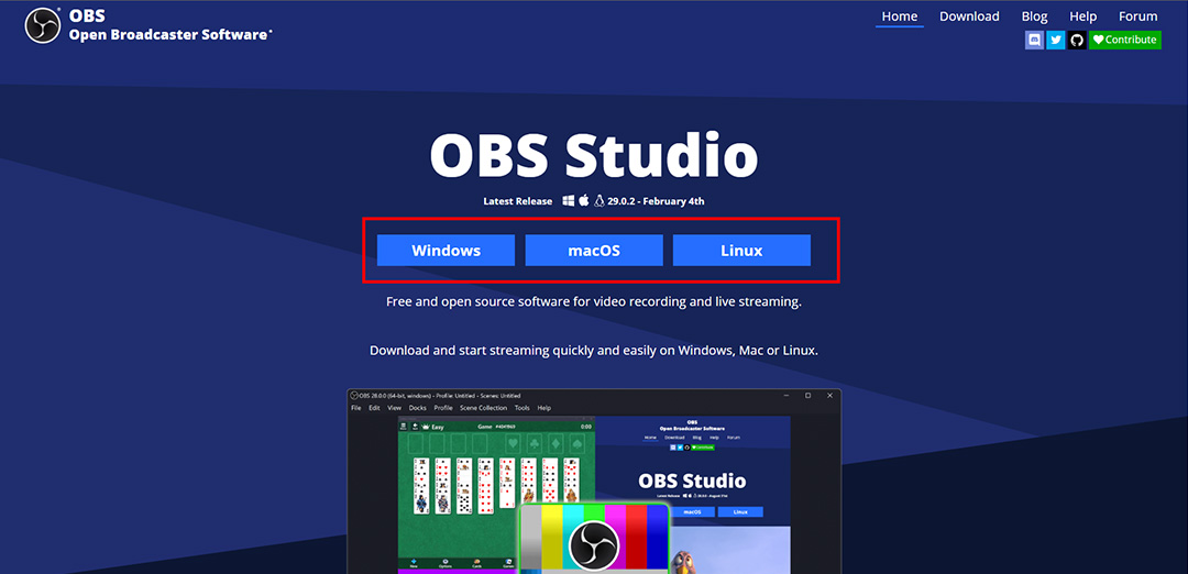 An image of the OBS Studio website (obsproject.com), featuring the download button for downloading the latest version of OBS Studio, the open-source software for video recording and live streaming.