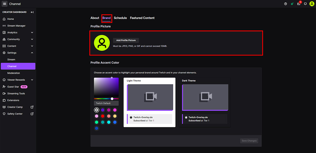 An image of the Twitch profile editing page, showcasing the option to upload a profile picture to your channel, representing you and your brand to your audience and community.