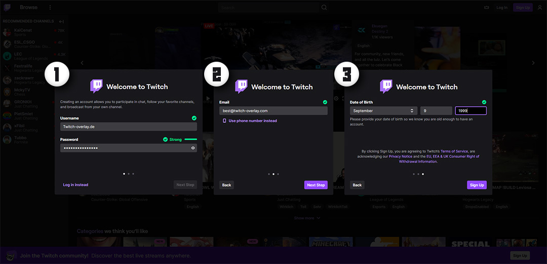 The first step of the Twitch sign-up process, featuring a form for entering your username, email address, and password to create a new account.