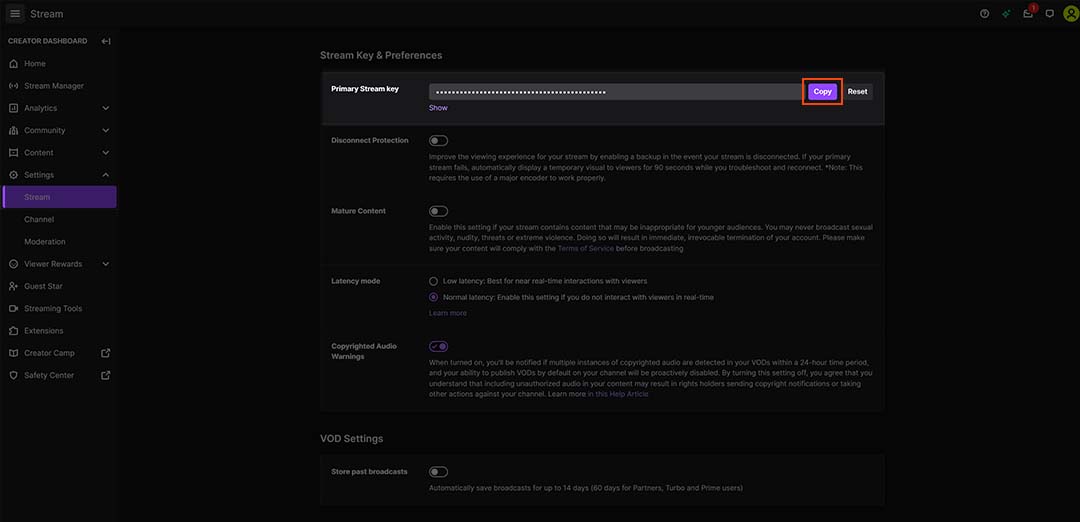 Copy your Twitch Stream Key from your account settings