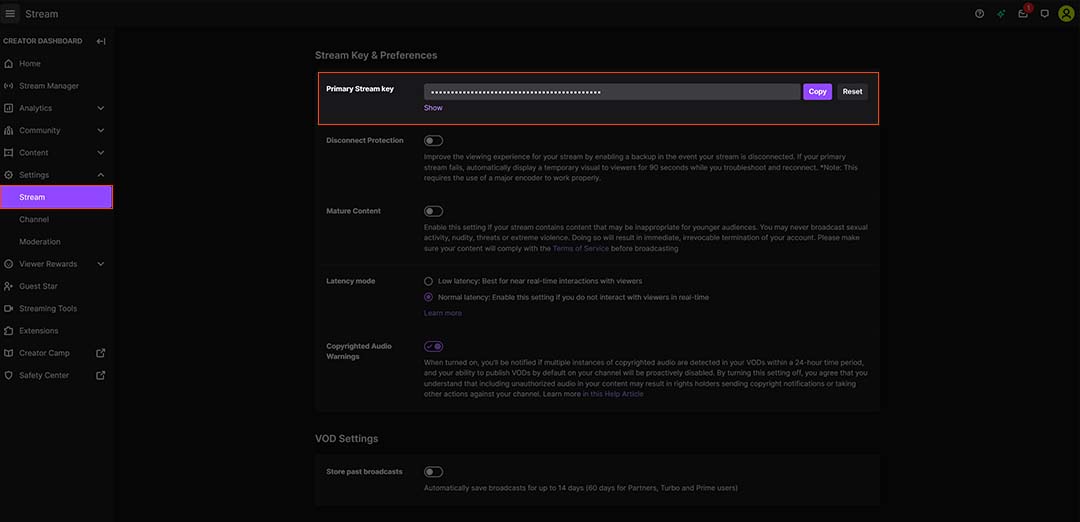 An image of the Twitch dashboard, showing where to access your Twitch stream key