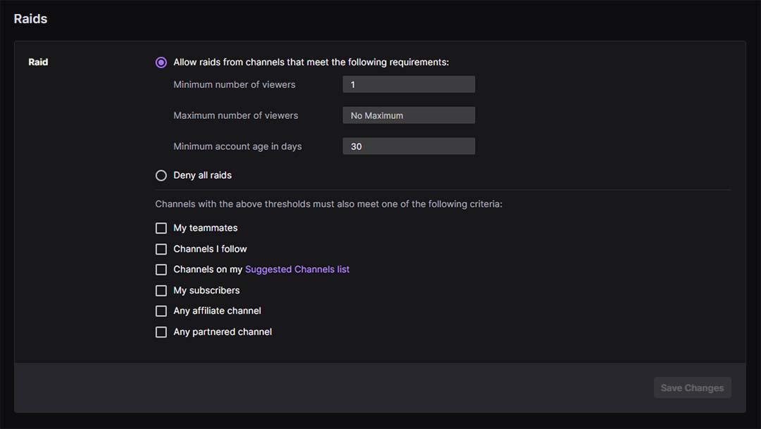 An image of the settings menu on Twitch, showcasing the options available for managing raids, including turning them on or off, setting a limit on the number of viewers allowed, and other options.
