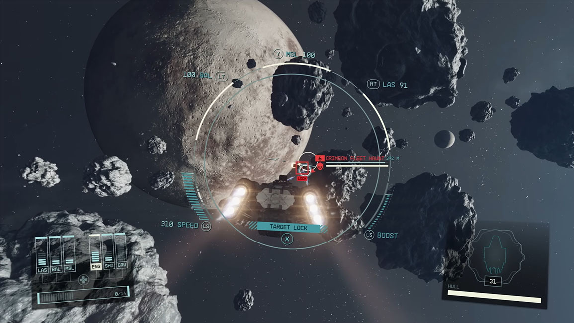 Weltraumschlacht in einem Asteroidenfeld mit einem NPC-Piratenschiff