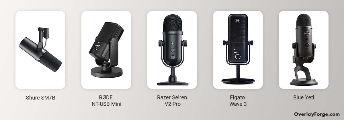 The best microphones to start streaming with. Shure SM7B, RØDE NT-USB Mini, Razer Seiren V2 Pro, Elgato Wave 3, and Blue Yeti.