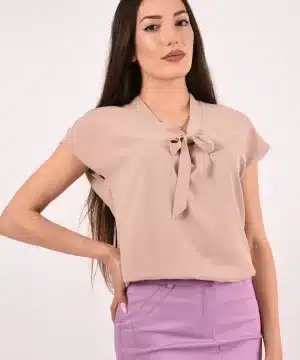 ПЕНЕЛОПЕ - Дамска блуза с къс ръкав - коприна - капучино - Без ръкав - RenyStyle.bg