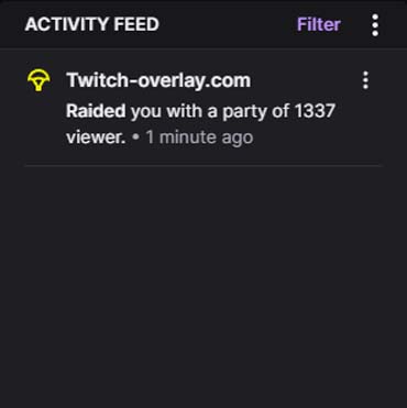 Twitch Activity Feed displaying a recent raid on a streamer's channel, highlighting the raiding streamer and participant count.
