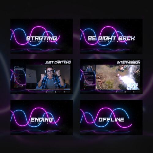 Neon Wave Twitch Overlay Template Bundle preview aller stream screens