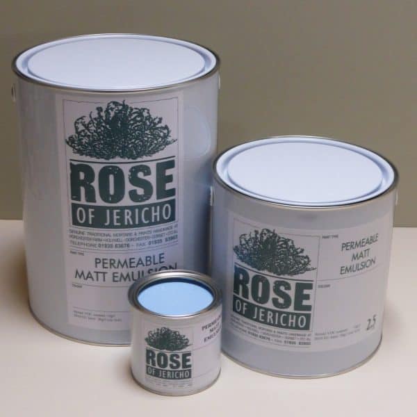 Three permeable matt emulsion paint tins, available at Rose of Jericho