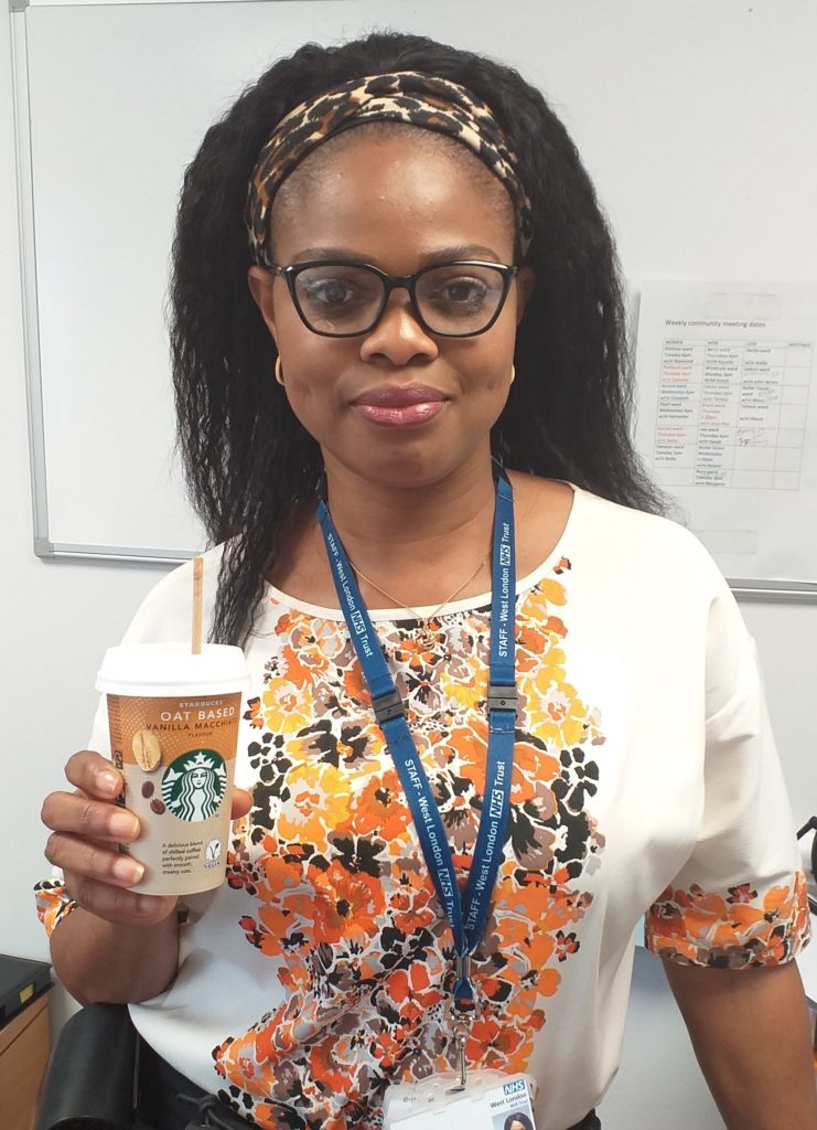 NHS Sampling showing a woman drinking a Starbucks Coffee