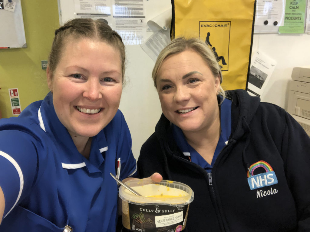 NHS Sampling with two nurses eating a soup